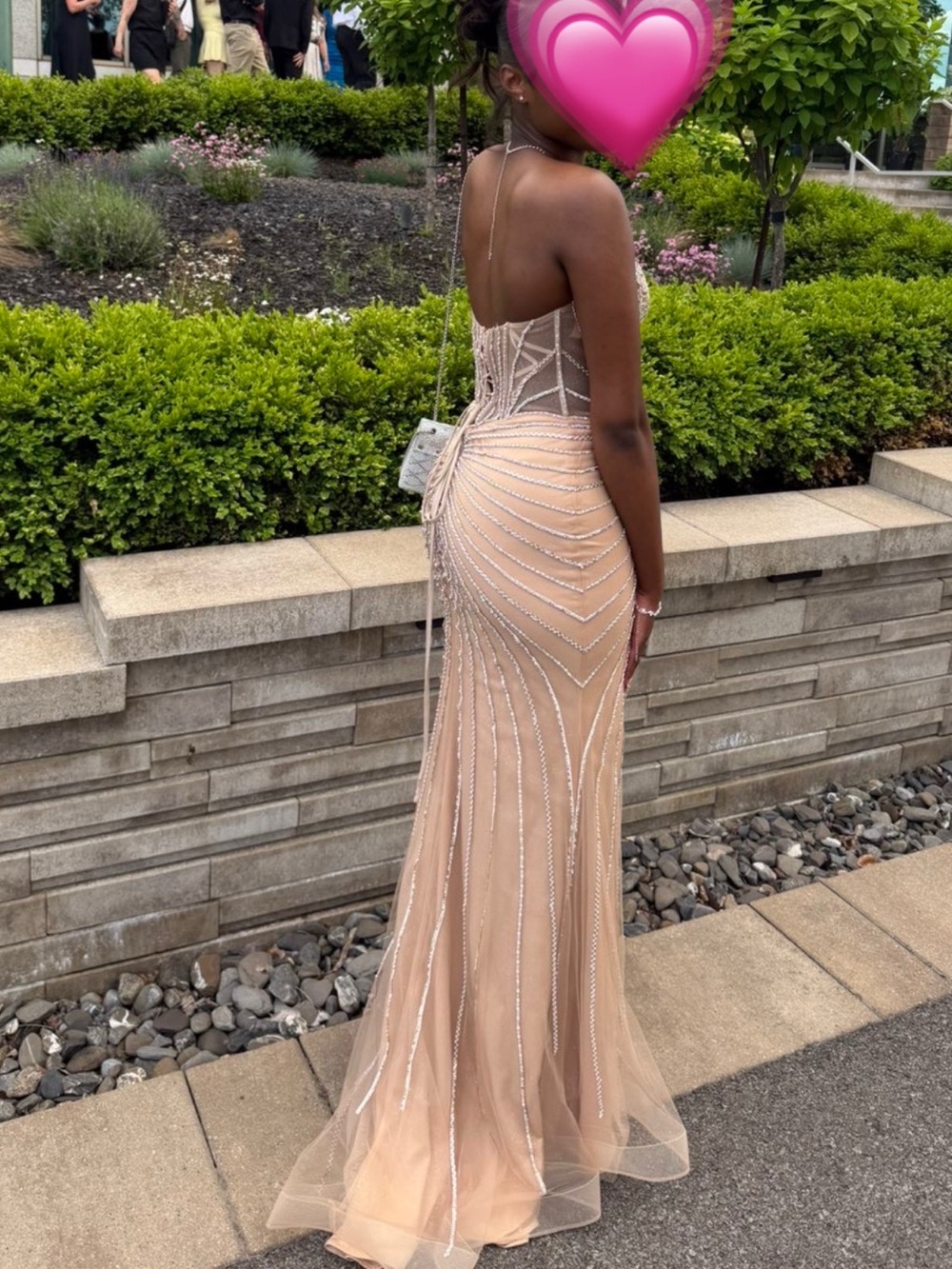 Elegant Beaded Nude Evening Gown - Strapless Formal Dress